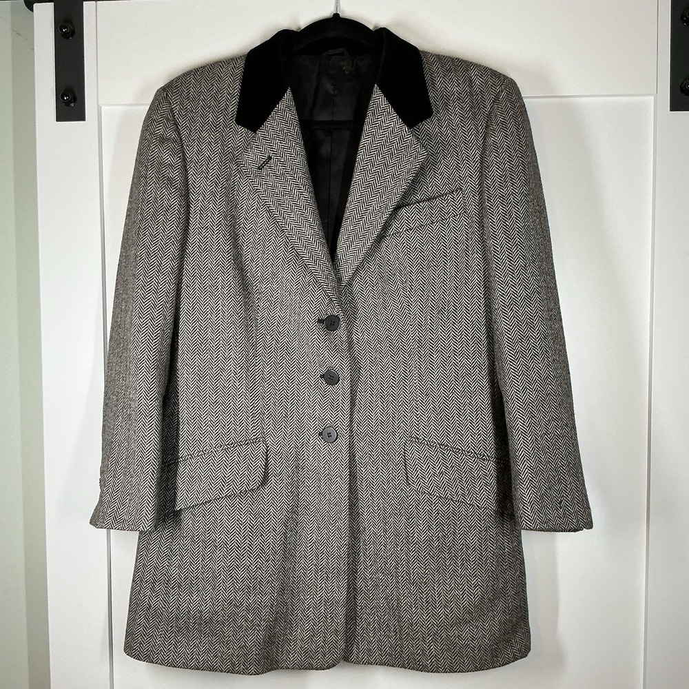 VTG‎ Ann Freedberg Jacket Womens Size 12 Alpaca Wool Velvet Collar Herringbone